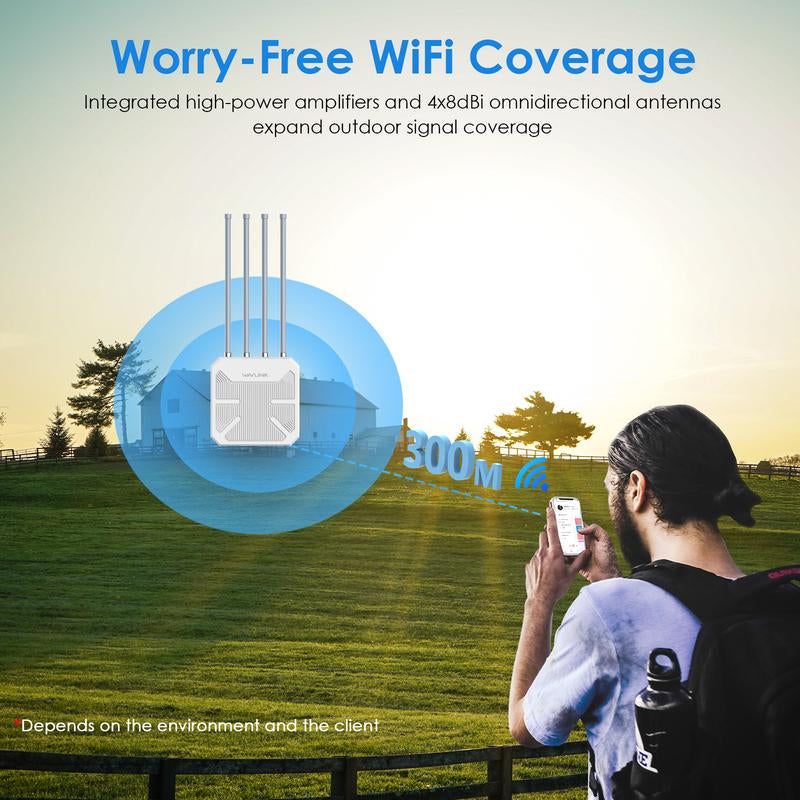 WAVLINK Outdoor Wifi Extender AX1800 Dual Band Long Range Wifi Extender with Poe, IP67 Weatherproof, 4X8Dbi High-Gain Antennas, Outdoor Access Point for Farm, Courtyard, Factory, Campsite, Gazebo